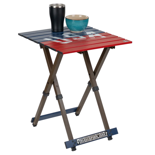 Heavy-Duty Grilling Compact Camp Table 20 - USA Anniversary Deluxe - Choice 757 - Slim-Fold Outdoor Cook Station with Storage Shelves Detail