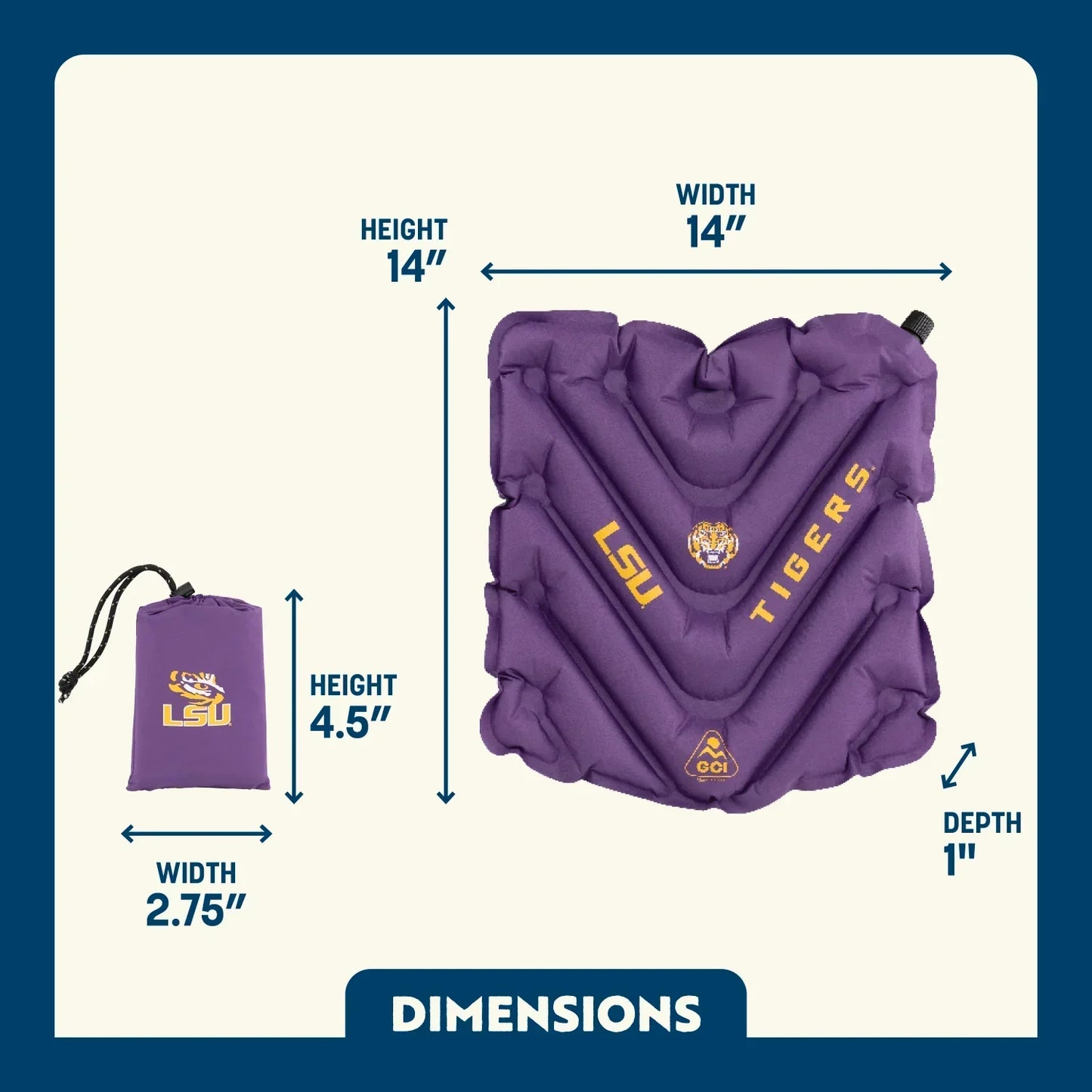 Compact Cushion College V Seat Inflatable Stadium Cushion - LSU Tigers - Choice 762 - Lightweight Folding Bleacher Chair with Cushioning Detail