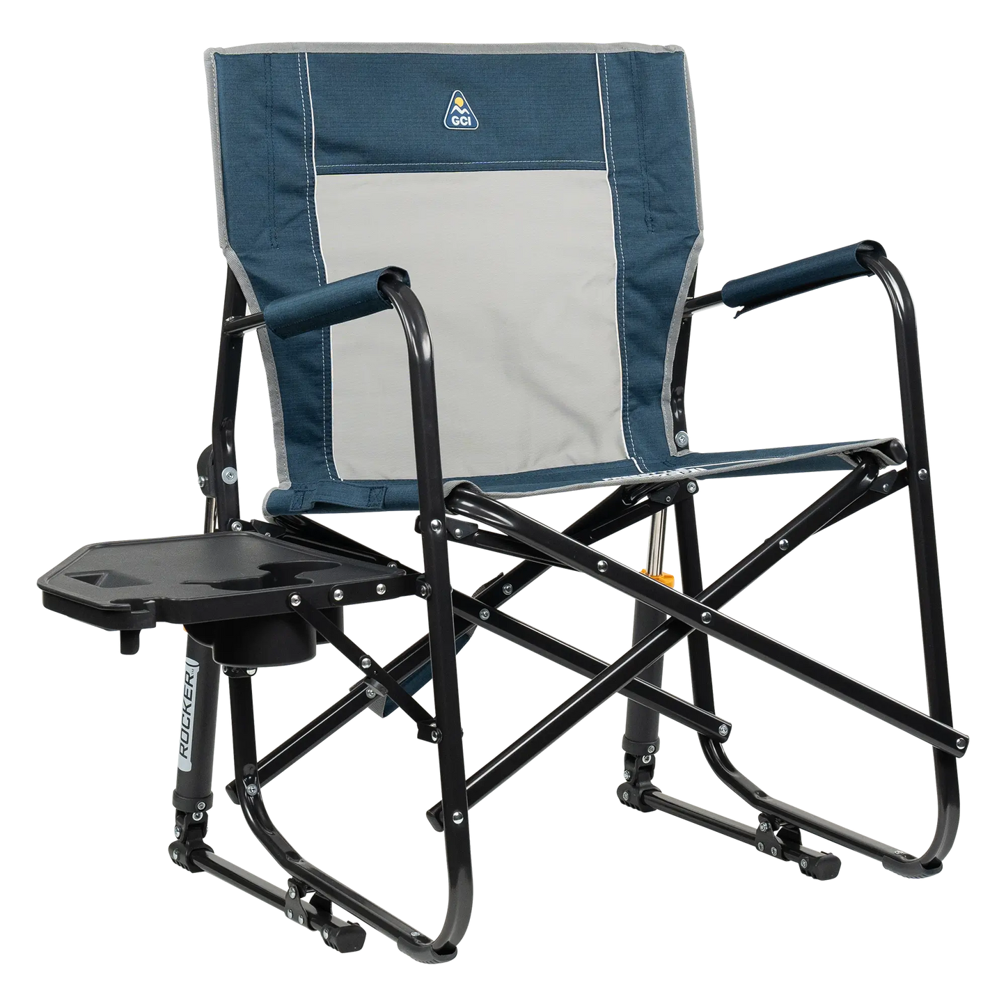 Patented Spring-Action Freestyle Rocker with Side Table - Choice 853 - Freestyle Rocker Portable Outdoor Folding Chair - Heathered Indigo