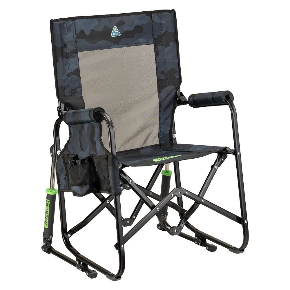 Premium All-Weather Stowaway Rocker - Choice 794 - Heavy-Duty Kickback Rocker with Beverage Holder - Stealth Camo