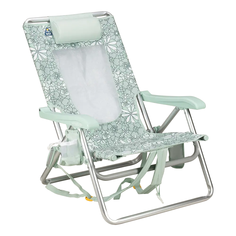 Sand-Friendly Backpack Beach Chair - Choice 709 - Portable Heavy-Duty Low Boy Chair for Ocean Side - Floral Pastel Green