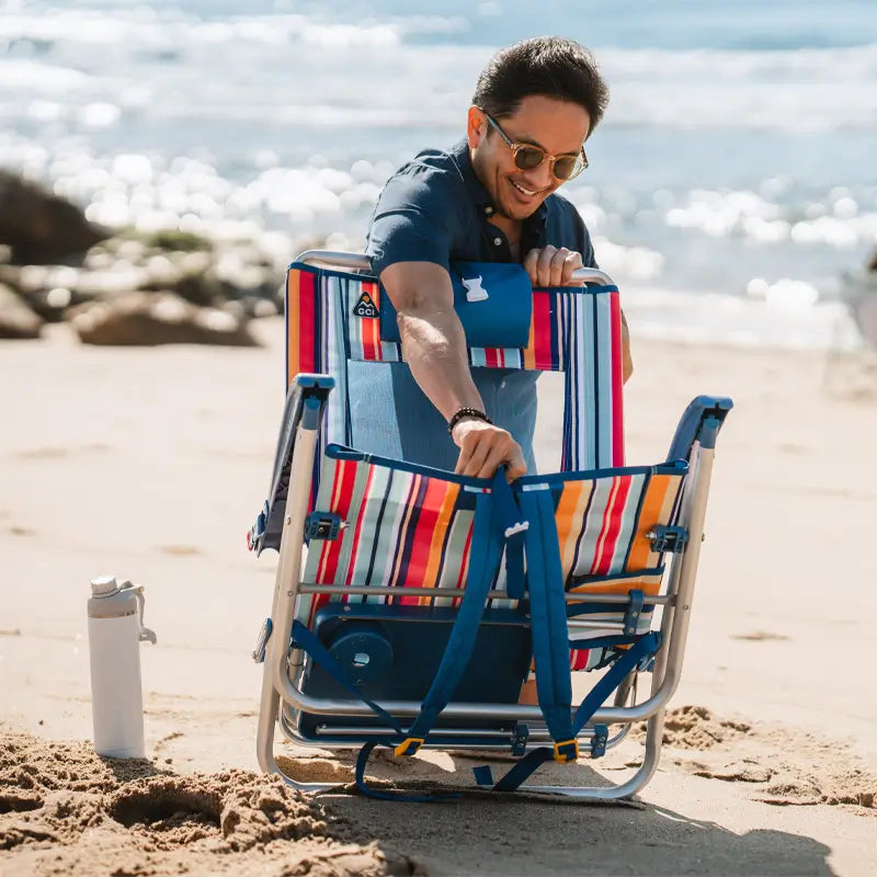 Sand-Friendly Big Surf with Slide Table - Choice 334 - Low-Profile Reclining Beach Chair with Backpack Straps Detail