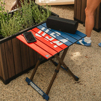 Heavy-Duty Grilling Compact Camp Table 20 - USA Anniversary Deluxe - Choice 757 - Slim-Fold Outdoor Cook Station with Storage Shelves Detail