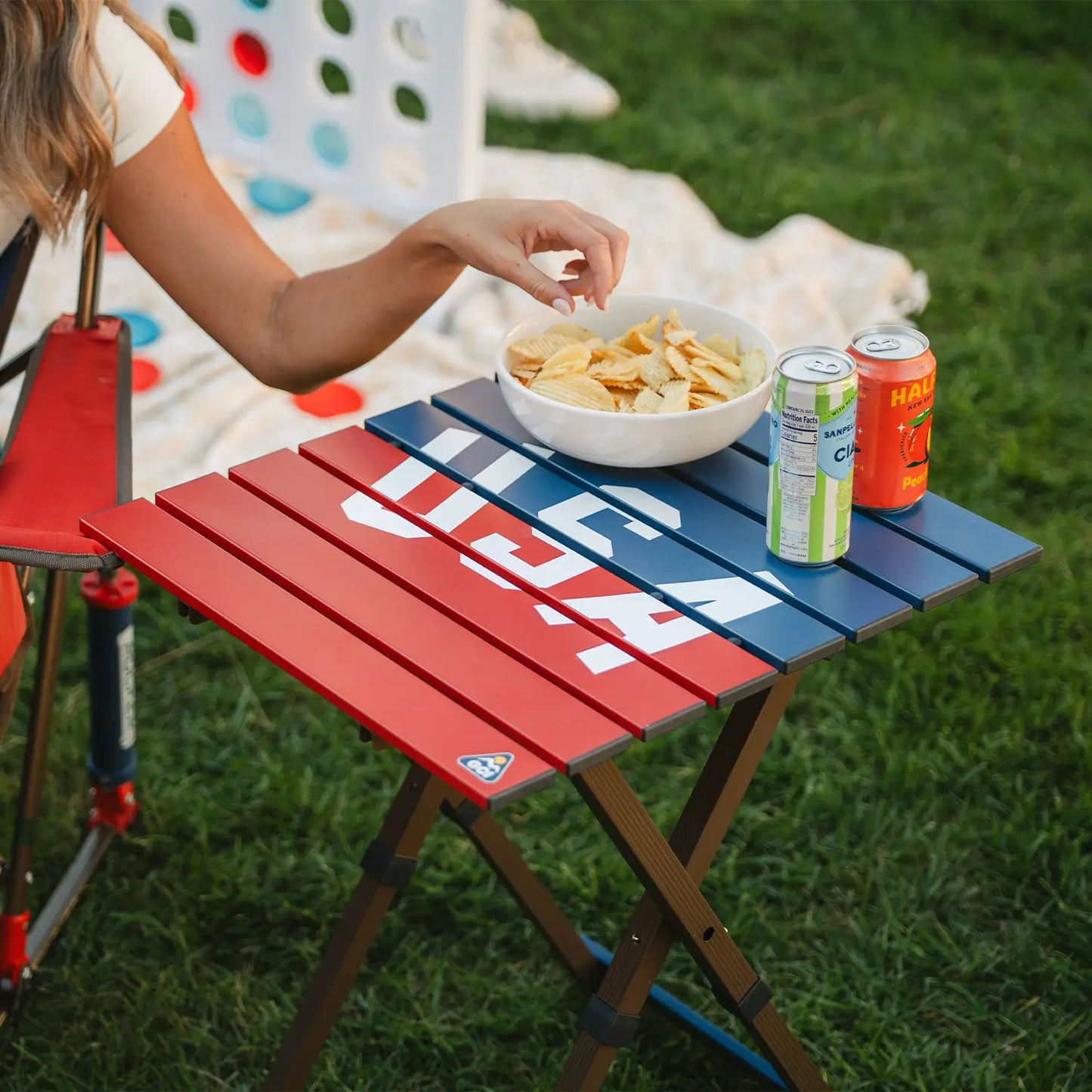 Heavy-Duty Grilling Compact Camp Table 20 - USA Anniversary Deluxe - Choice 757 - Slim-Fold Outdoor Cook Station with Storage Shelves Detail