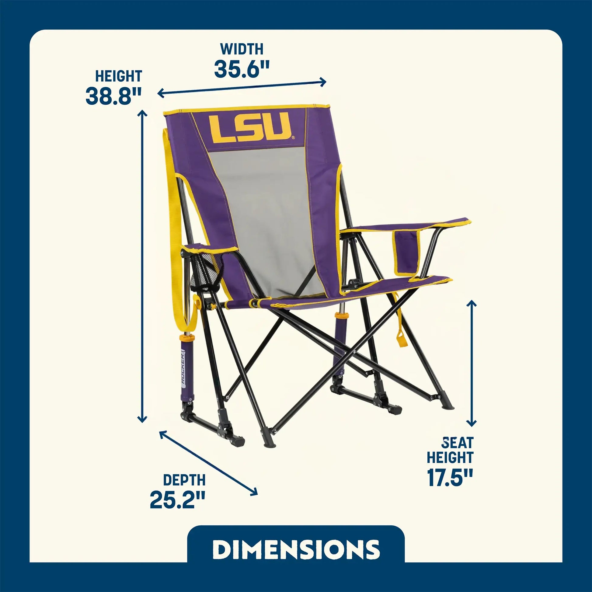 Smooth Motion College Comfort Pro Rocker - LSU Tigers - Choice 880 - Patented Spring-Action Rocking Chair for Camping Detail