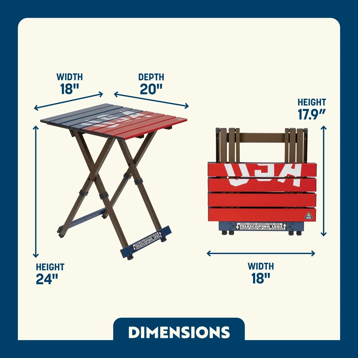 Heavy-Duty Grilling Compact Camp Table 20 - USA Anniversary Deluxe - Choice 757 - Slim-Fold Outdoor Cook Station with Storage Shelves Detail