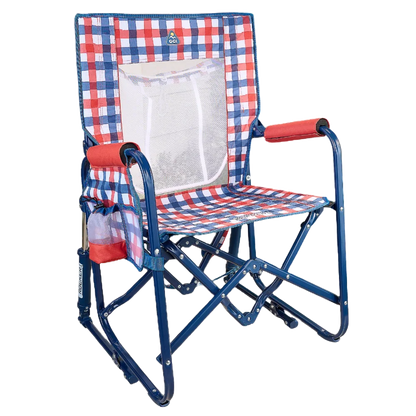 Patented Spring-Action Stowaway Rocker with Storage Pouch - Choice 573 - Patented Spring-Action Rocking Chair for Camping - Patriotic Plaid