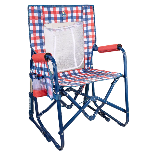 Patented Spring-Action Stowaway Rocker with Storage Pouch - Choice 573 - Patented Spring-Action Rocking Chair for Camping - Patriotic Plaid